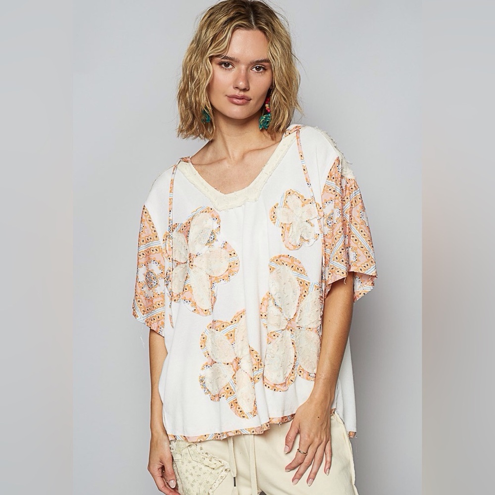 POL NWT Top floral Patch Hoodie Short Sleeve Size Small